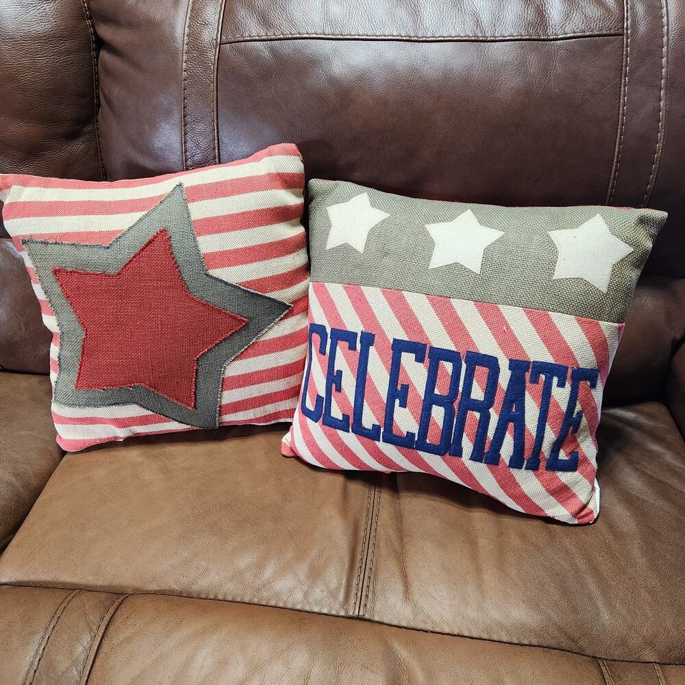Jute Patriotic Pillows Indoor Outdoor Berlap Stars Patchwork 4th Of July America